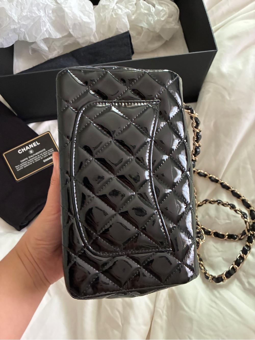 CHANEL Black Quilted Patent Leather Mini Crossbody with Gold-Tone Chain - Picture 3 of 13
